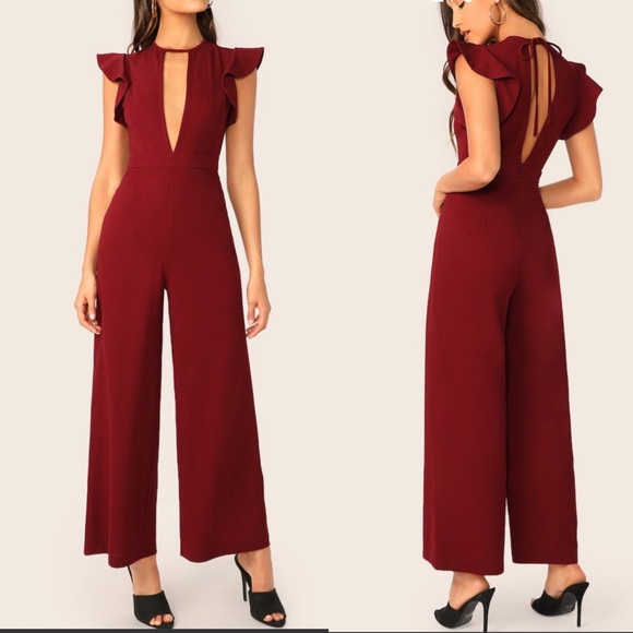 ruffle trim wide leg jumpsuit
